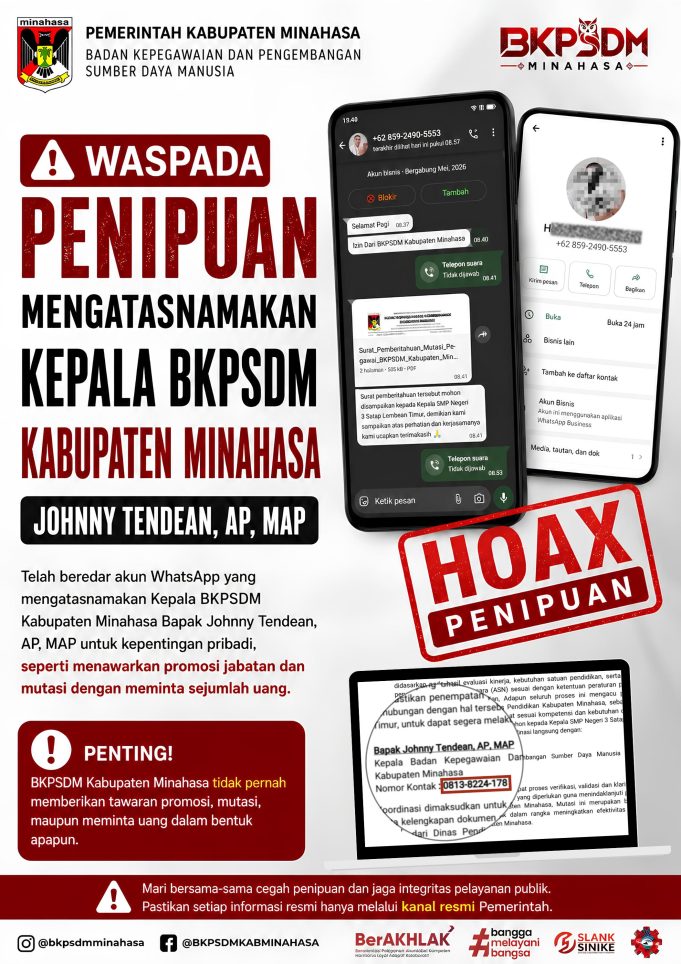 Waspada Penipuan Catut Nama Pejabat, BKPSDM Minahasa: Tawaran Mutasi dan Promosi Jabatan Hoaks