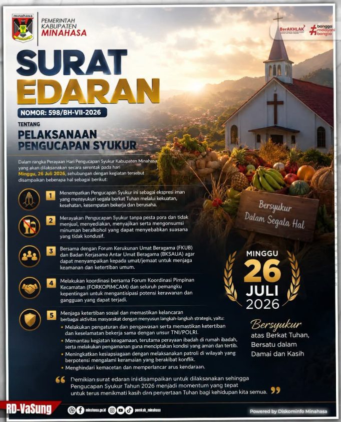 Pemkab Minahasa Keluarkan Surat Edaran, Pengucapan Syukur 26 Juli 2026 Digelar Tanpa Pesta Pora dan Minuman Beralkohol